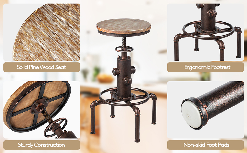 Costway Industrial Bar Stool Wood Seat Water Pipe Fire Hydrant Design Height Adjustable