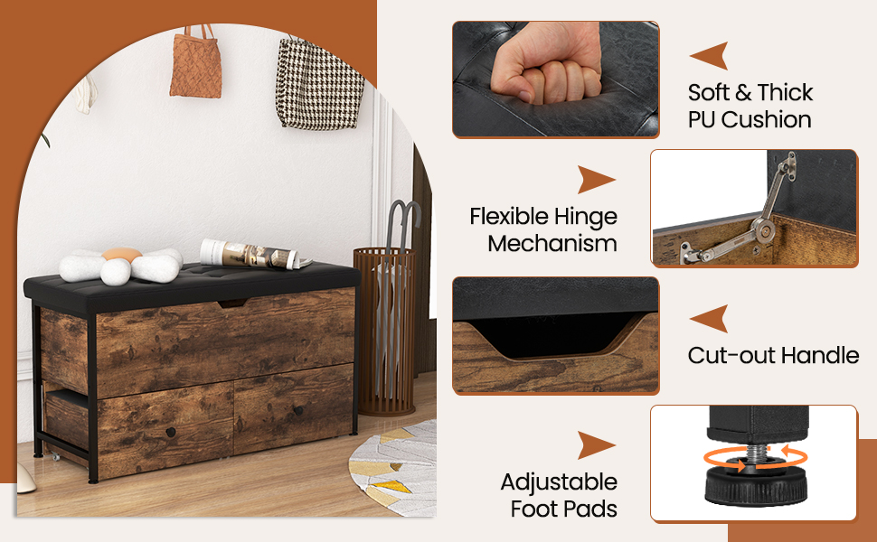Storage Ottoman Bench with Padded Seat Cushion, Flip Top Storage Chest with 2 Drawers