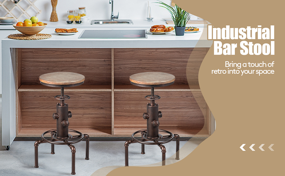 Costway Industrial Bar Stool Wood Seat Water Pipe Fire Hydrant Design Height Adjustable