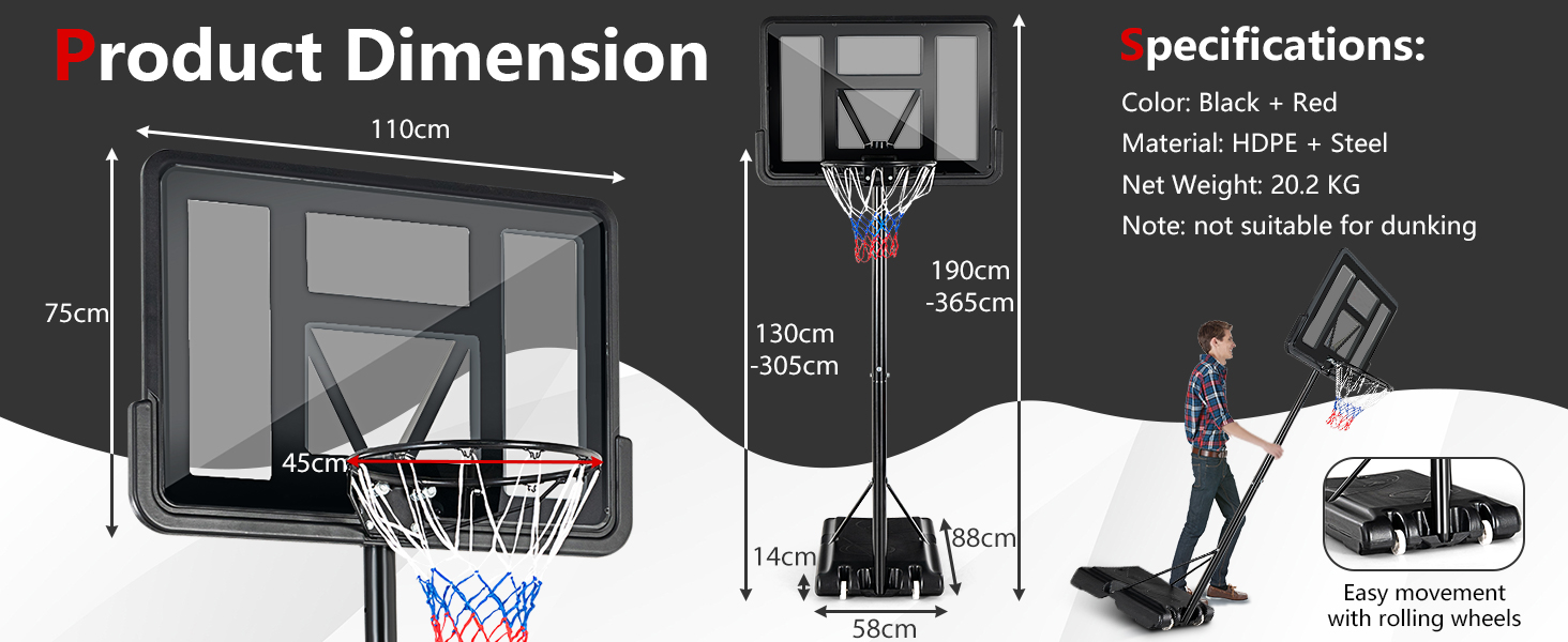 Costway Basketball Hoop Stand, Rim Height Adjustable 4.25ft - 10ft, Basketball Stand System with Net