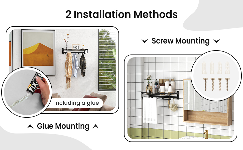 Foldable Bathroom Towel Rack, Wall Mounted Towel Shelf w/Adjustable Towel Bar Movable Hooks