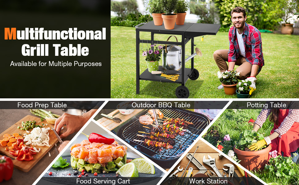 Costway Movable Dining Cart Table, Double-Shelf Trolley with Folding Tabletop