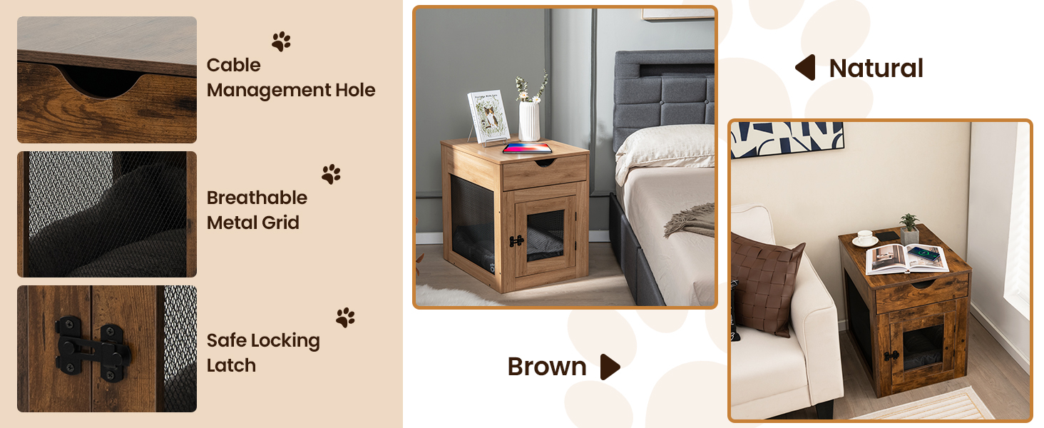 Costway Furniture Style Dog Crate, Decorative Dog Kennel End Table w/Drawer, Removable Dog Bed
