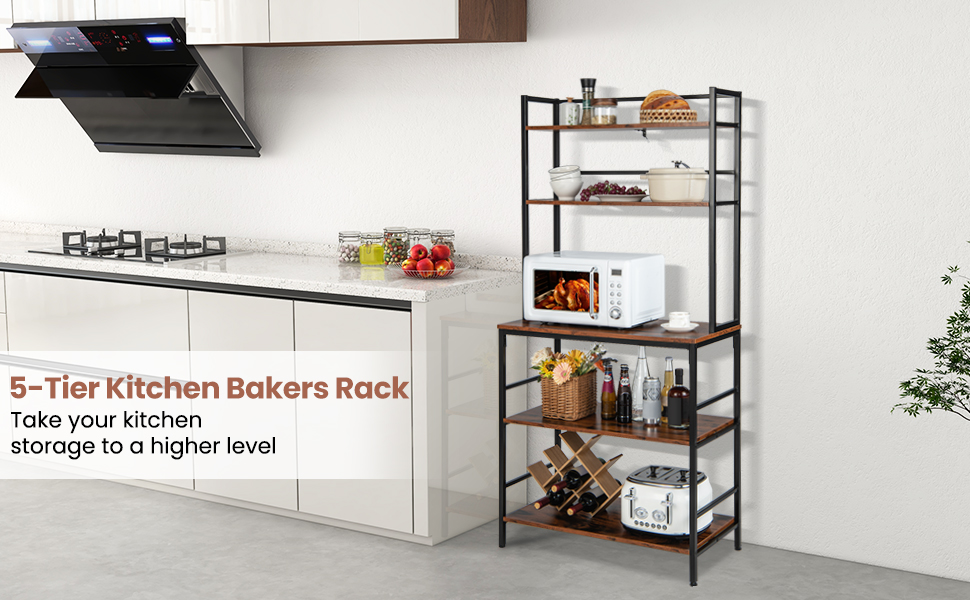 5-Tier Freestanding Kitchen Bakers Rack with Hutch, Microwave Oven Stand with Open Shelves