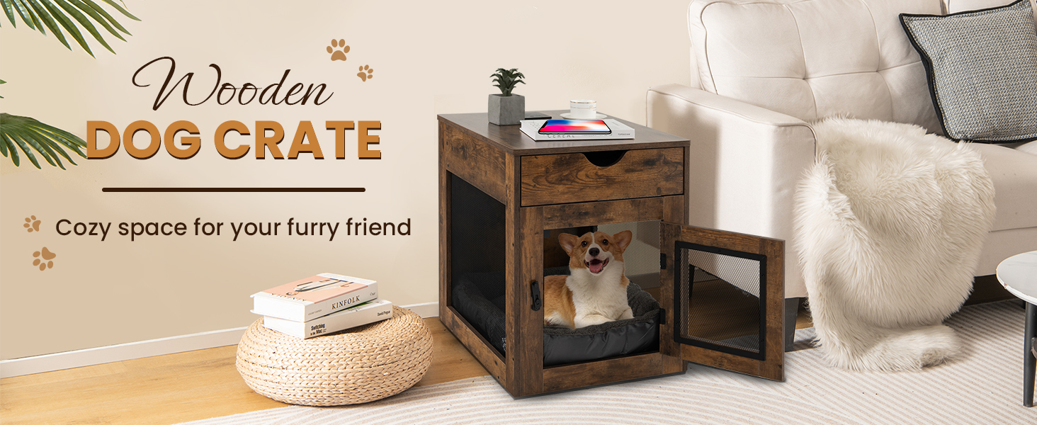 Costway Furniture Style Dog Crate, Decorative Dog Kennel End Table w/Drawer, Removable Dog Bed