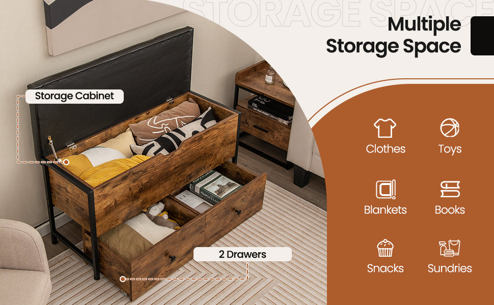 Storage Ottoman Bench with Padded Seat Cushion, Flip Top Storage Chest with 2 Drawers