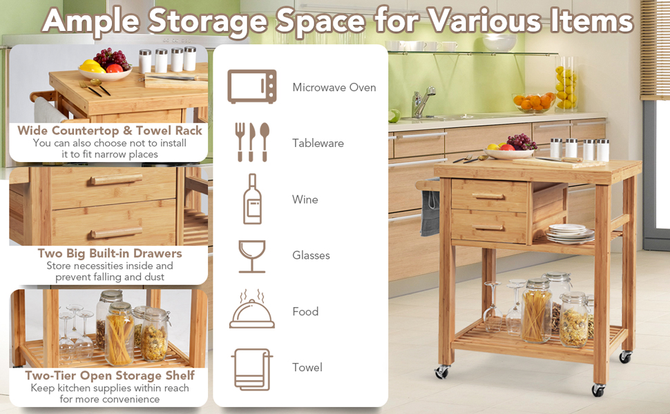 Rolling Bamboo Kitchen Island Cart