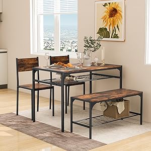 4-Piece Dining Set, Dining Table w/ 2 Chairs and Bench for 4, Kitchen Dining Room Furniture