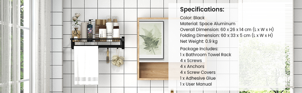 Foldable Bathroom Towel Rack, Wall Mounted Towel Shelf w/Adjustable Towel Bar Movable Hooks