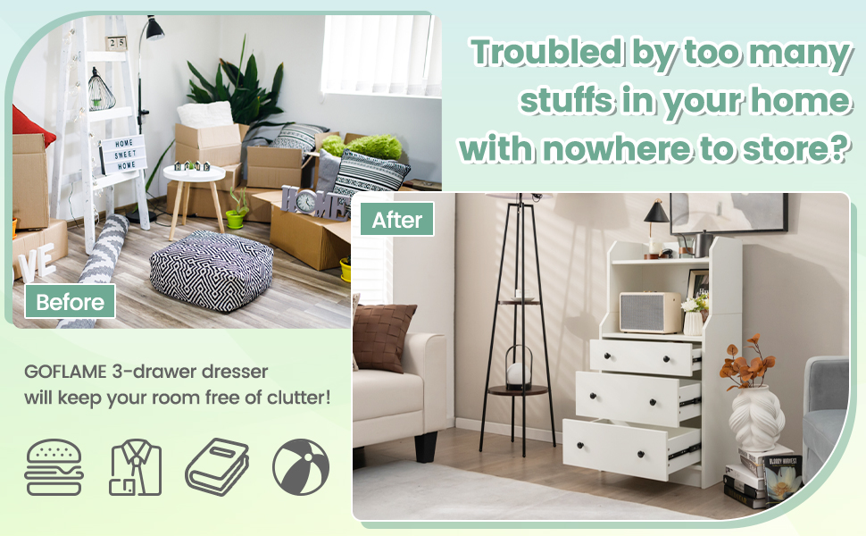 3-Drawer Dresser, 111cm H Storage Organizer with 2 Open Shelves, Modern Chest of Drawers