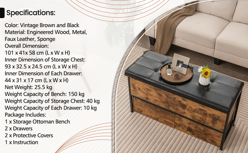 Storage Ottoman Bench with Padded Seat Cushion, Flip Top Storage Chest with 2 Drawers