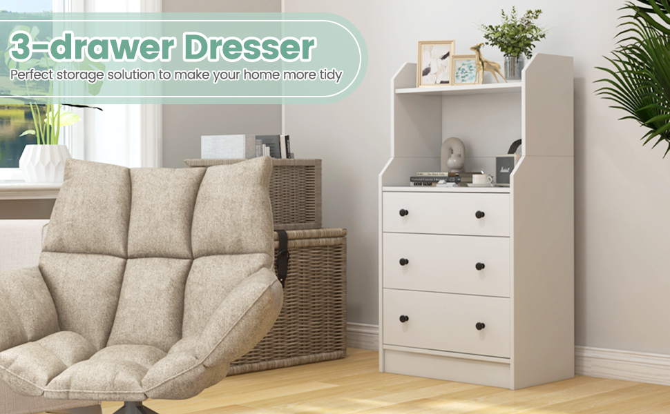 3-Drawer Dresser, 111cm H Storage Organizer with 2 Open Shelves, Modern Chest of Drawers