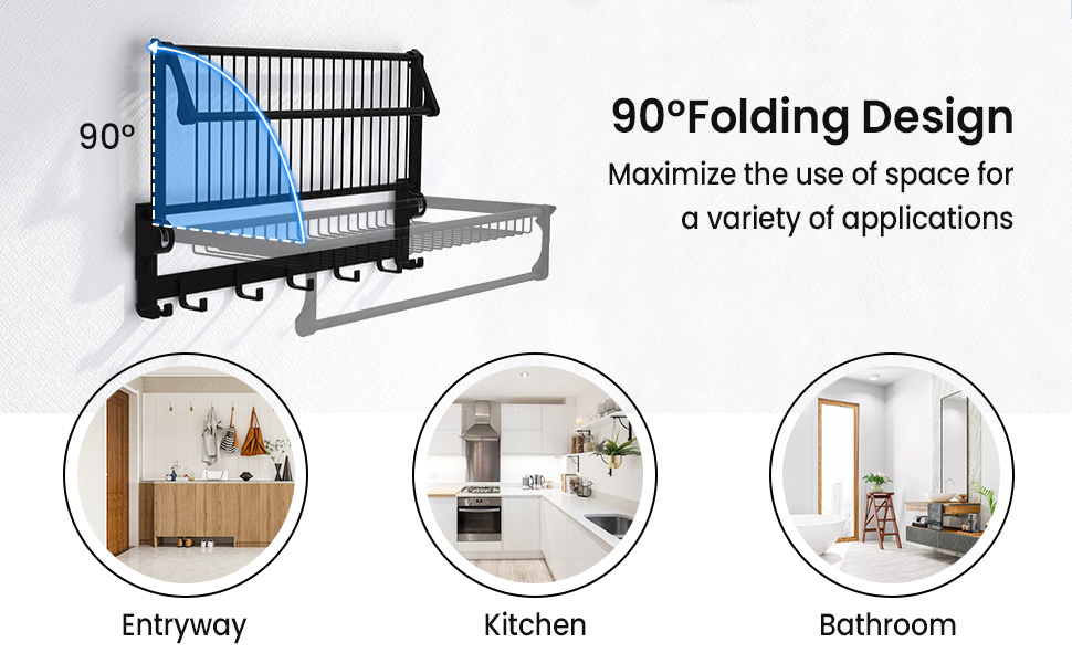 Foldable Bathroom Towel Rack, Wall Mounted Towel Shelf w/Adjustable Towel Bar Movable Hooks