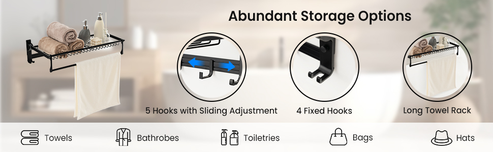 Foldable Bathroom Towel Rack, Wall Mounted Towel Shelf w/Adjustable Towel Bar Movable Hooks