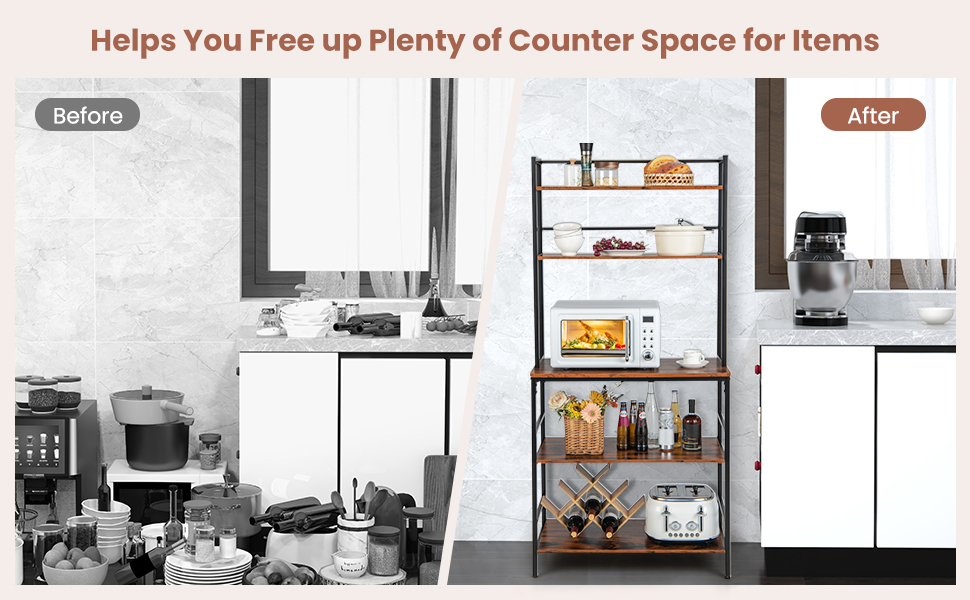 5-Tier Freestanding Kitchen Bakers Rack with Hutch, Microwave Oven Stand with Open Shelves