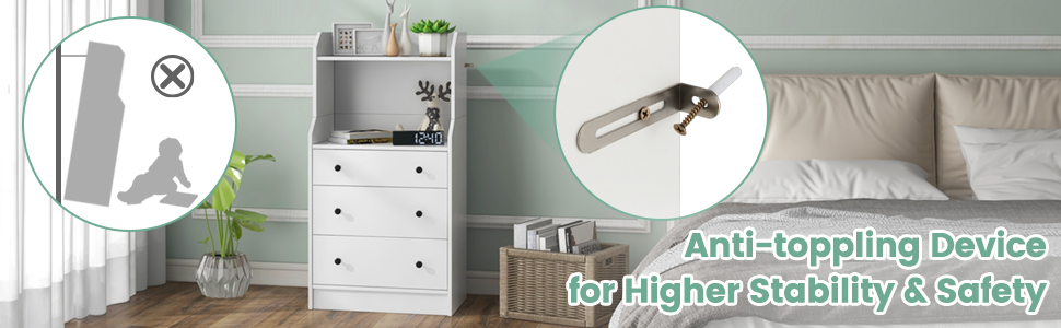 3-Drawer Dresser, 111cm H Storage Organizer with 2 Open Shelves, Modern Chest of Drawers