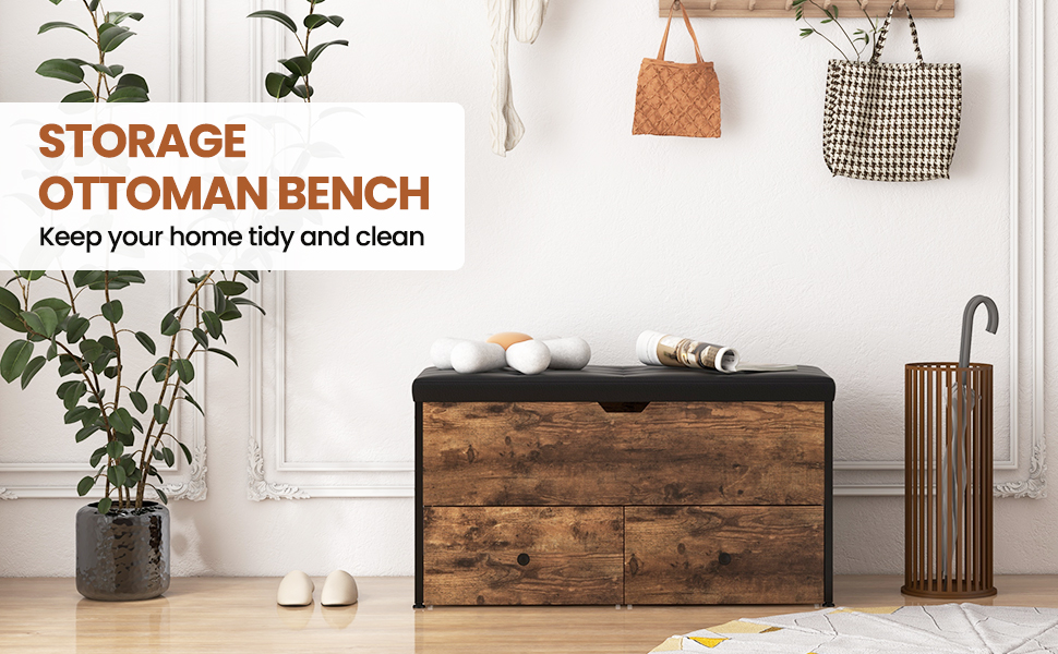 Storage Ottoman Bench with Padded Seat Cushion, Flip Top Storage Chest with 2 Drawers