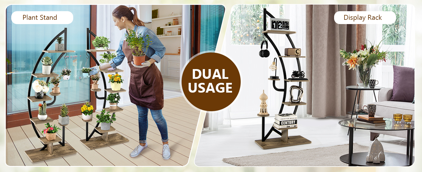 Costway 6-Tier Tall Metal Plant Stand Rack, Curved Half Moon Shape Ladder Planter Shelf W/ Top Hook