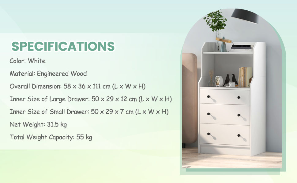 3-Drawer Dresser, 111cm H Storage Organizer with 2 Open Shelves, Modern Chest of Drawers