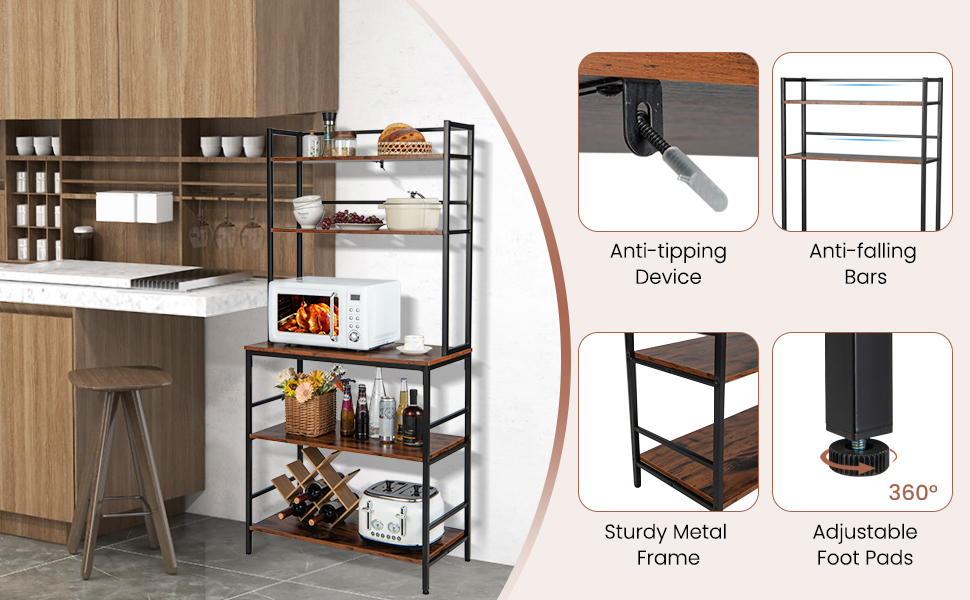 5-Tier Freestanding Kitchen Bakers Rack with Hutch, Microwave Oven Stand with Open Shelves