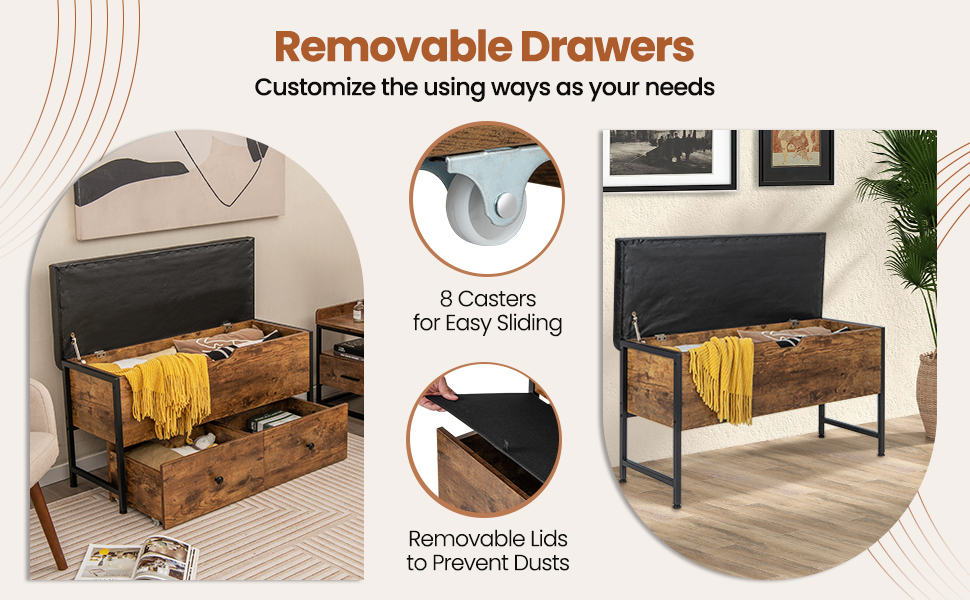 Storage Ottoman Bench with Padded Seat Cushion, Flip Top Storage Chest with 2 Drawers