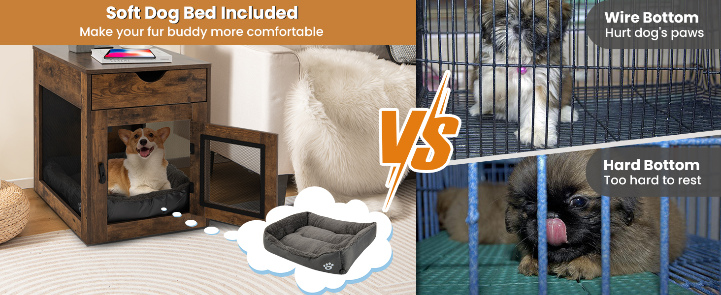 Costway Furniture Style Dog Crate, Decorative Dog Kennel End Table w/Drawer, Removable Dog Bed