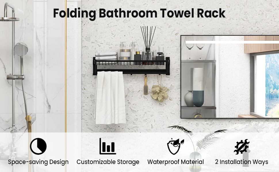 Foldable Bathroom Towel Rack, Wall Mounted Towel Shelf w/Adjustable Towel Bar Movable Hooks